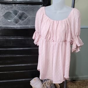 #31 NWT DAVI & DANI Light Pink Swiss Dot Baby Doll Blouse Woman Size 1XL